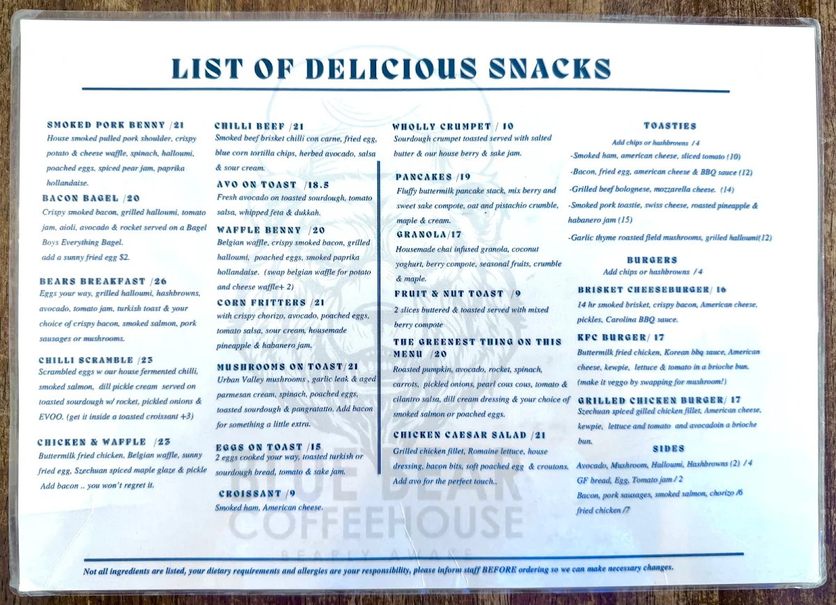Menu, Blue Bear Coffeehouse