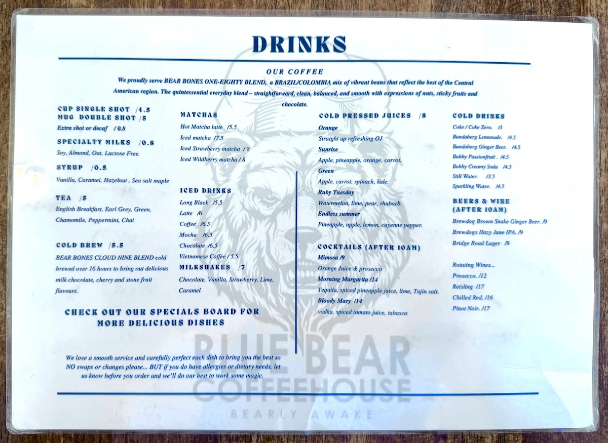 Menu, Blue Bear Coffeehouse