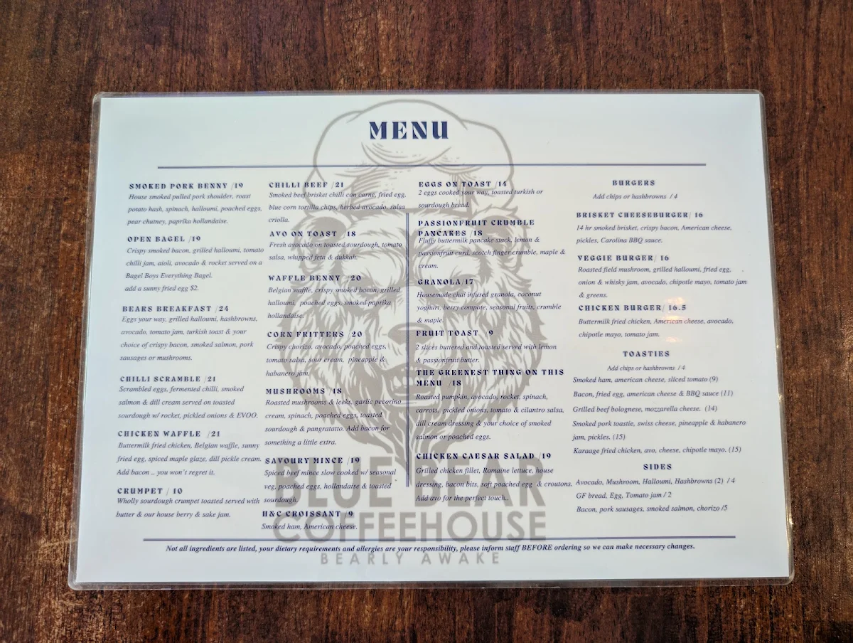 Menu, Blue Bear Coffeehouse