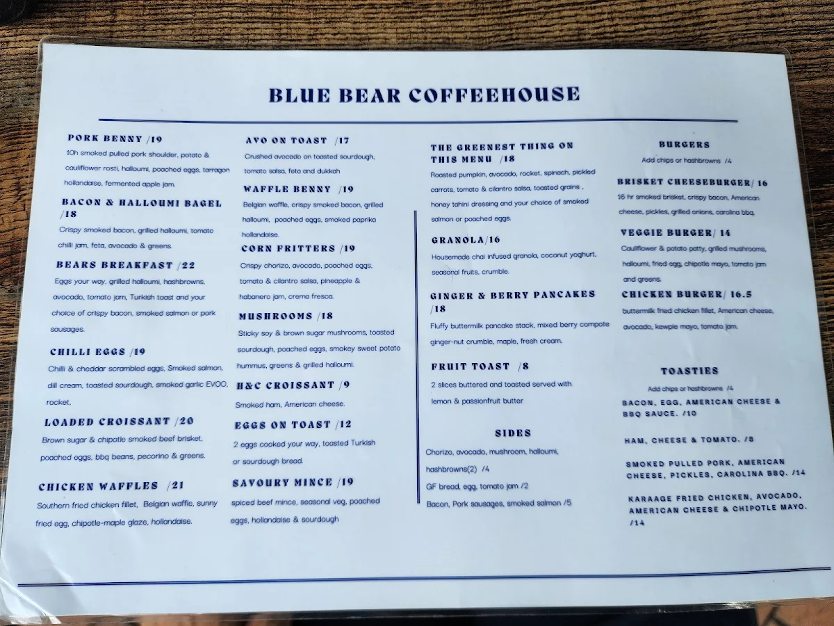 Menu, Blue Bear Coffeehouse