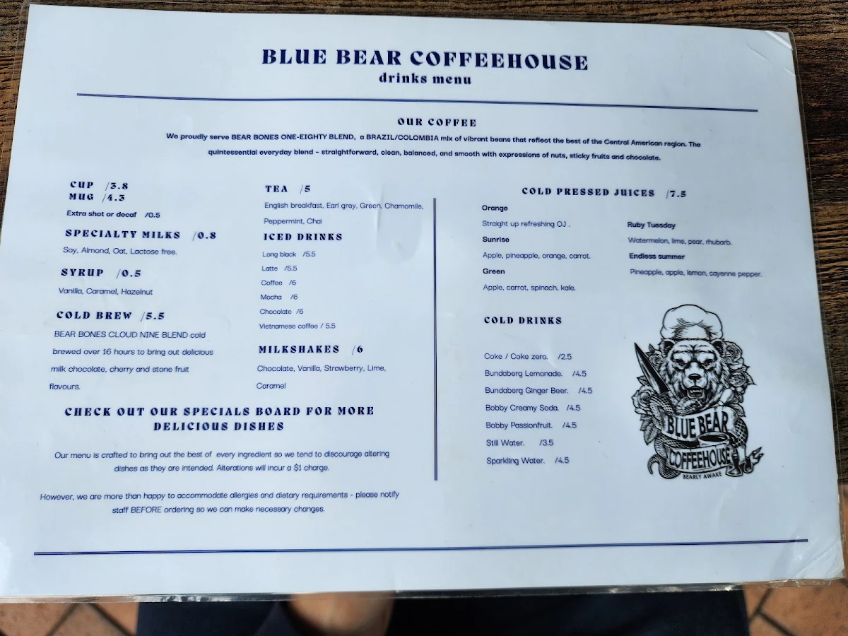 Menu, Blue Bear Coffeehouse