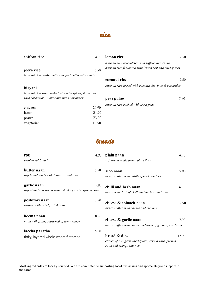 Menu, Cinnamon Cafe and Restaurant
