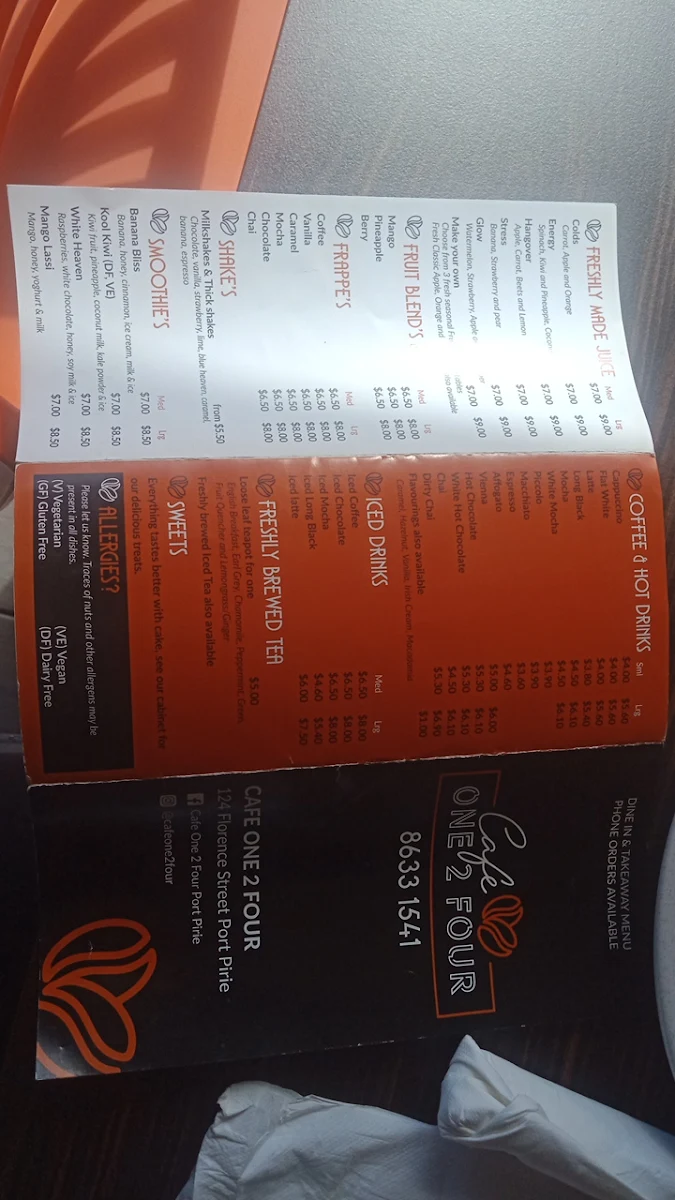 Menu, Cafe One 2 Four Port Pirie