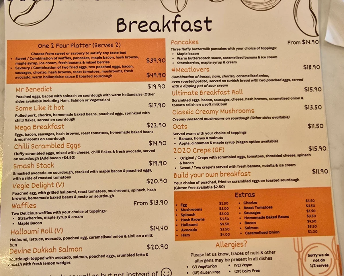 Menu, Cafe One 2 Four Port Pirie