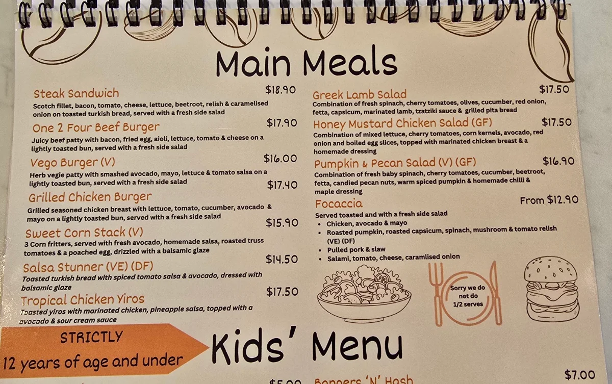 Menu, Cafe One 2 Four Port Pirie