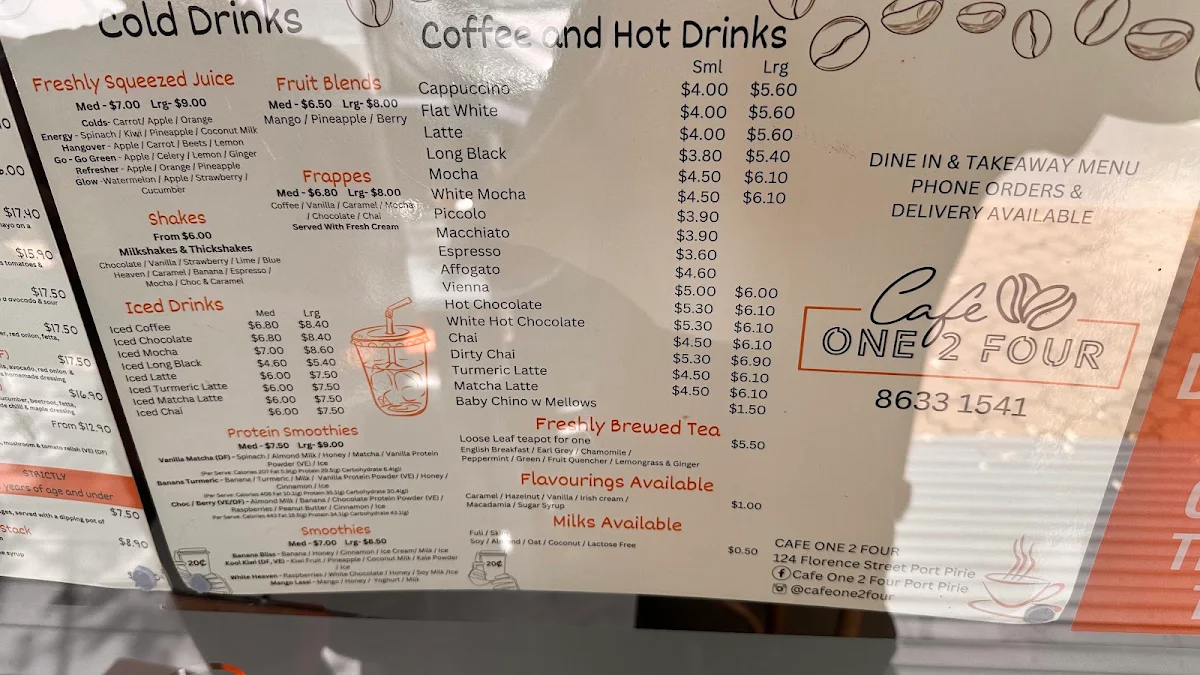 Menu, Cafe One 2 Four Port Pirie