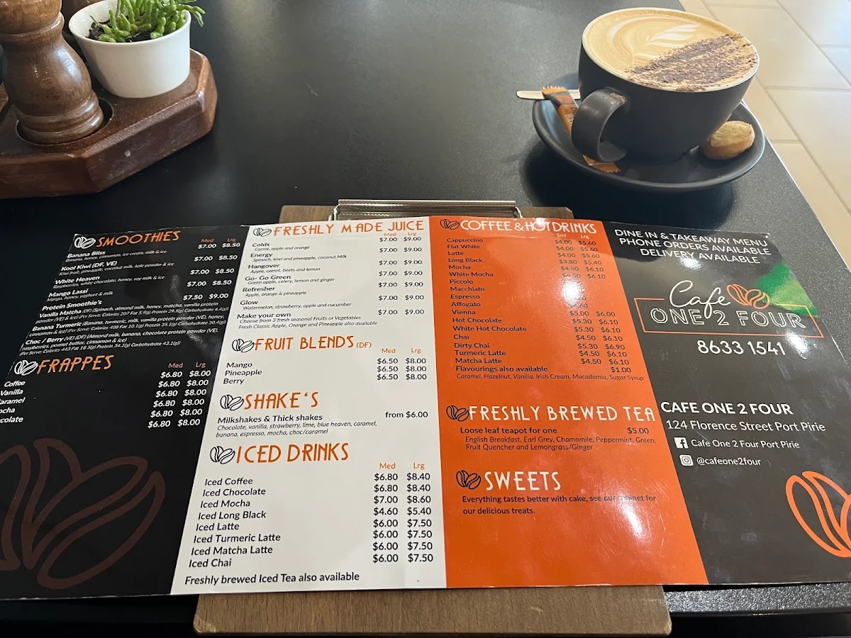 Menu, Cafe One 2 Four Port Pirie