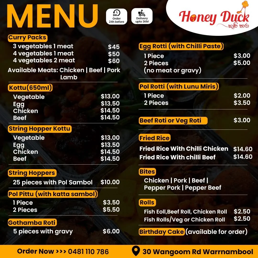 Menu, Honey Duck