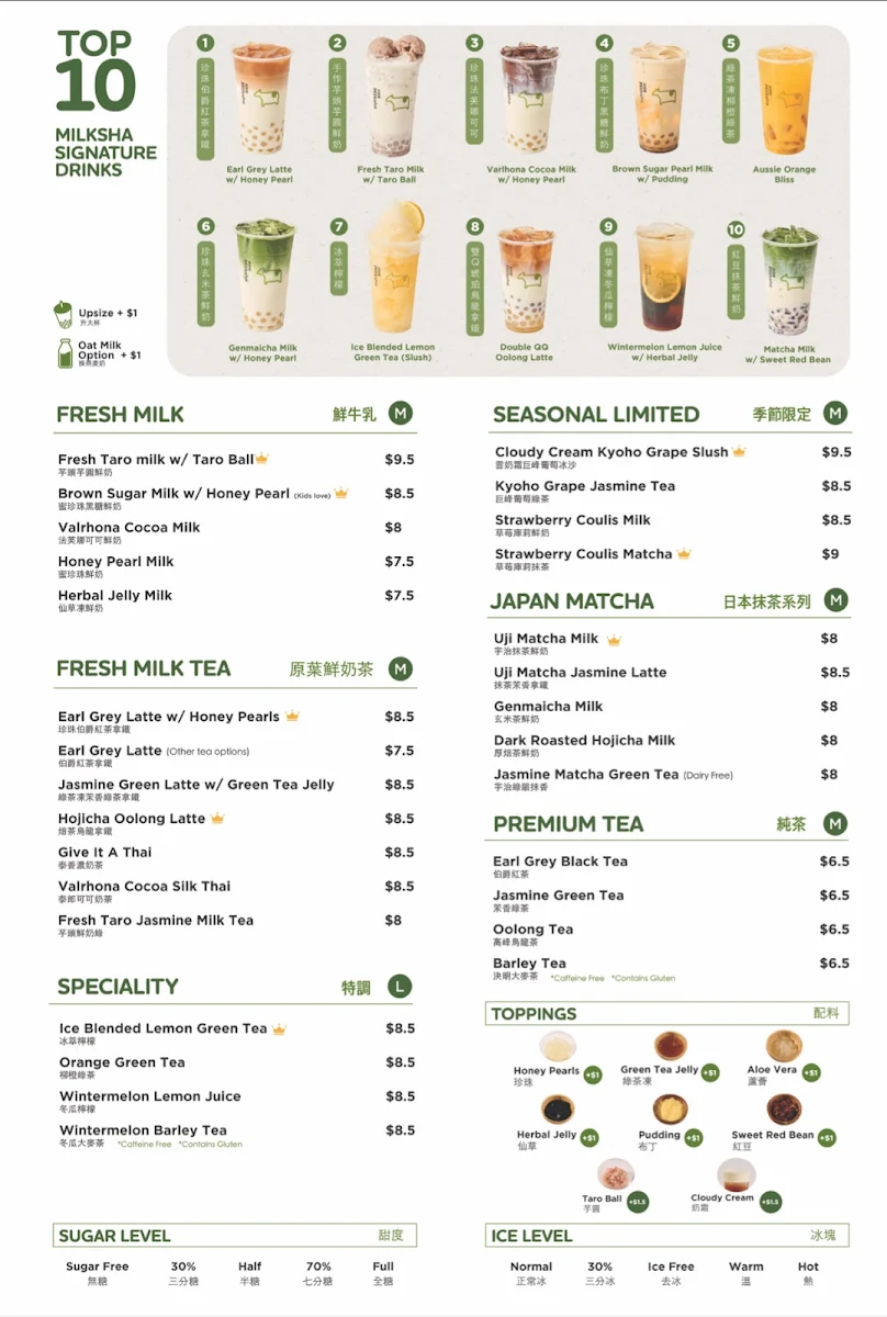 Menu, Milksha Queensland Albert St