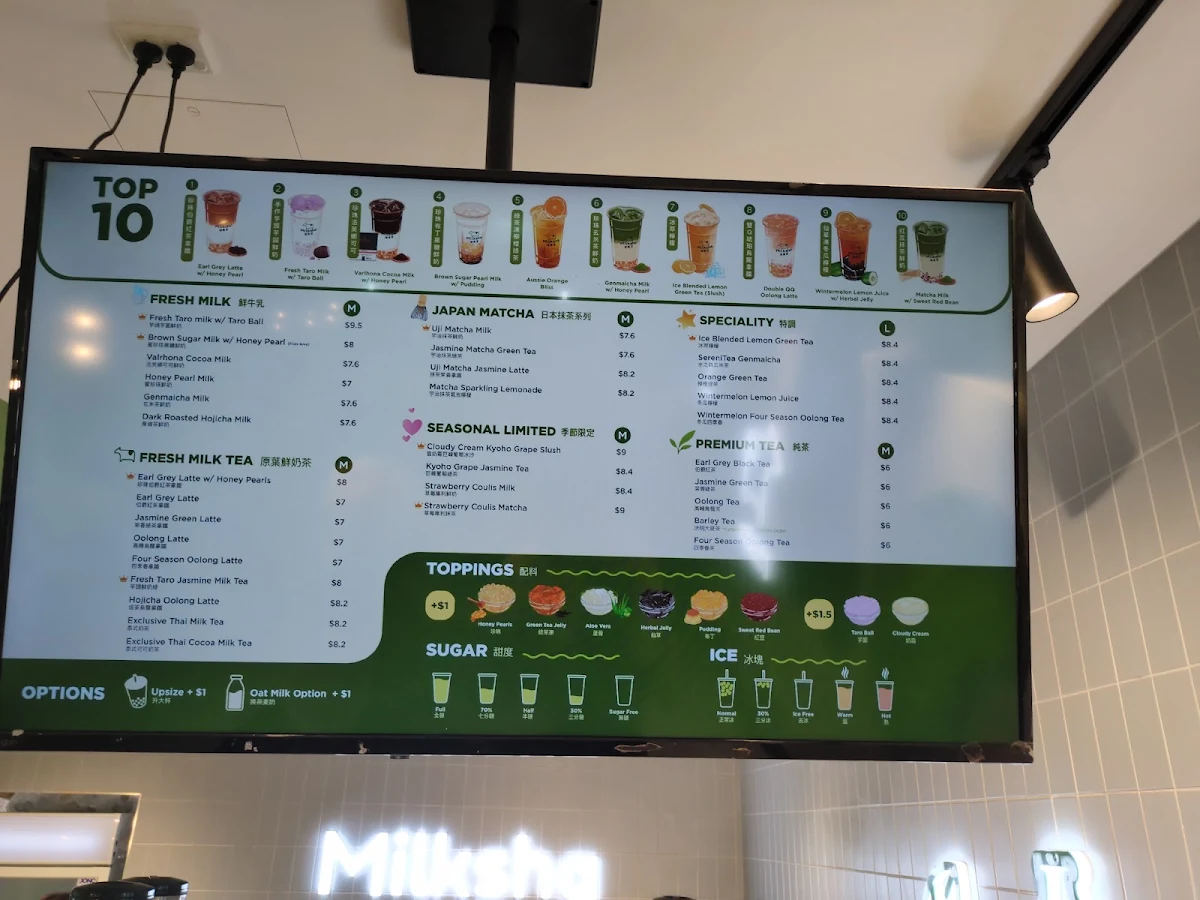 Menu, Milksha Queensland Albert St