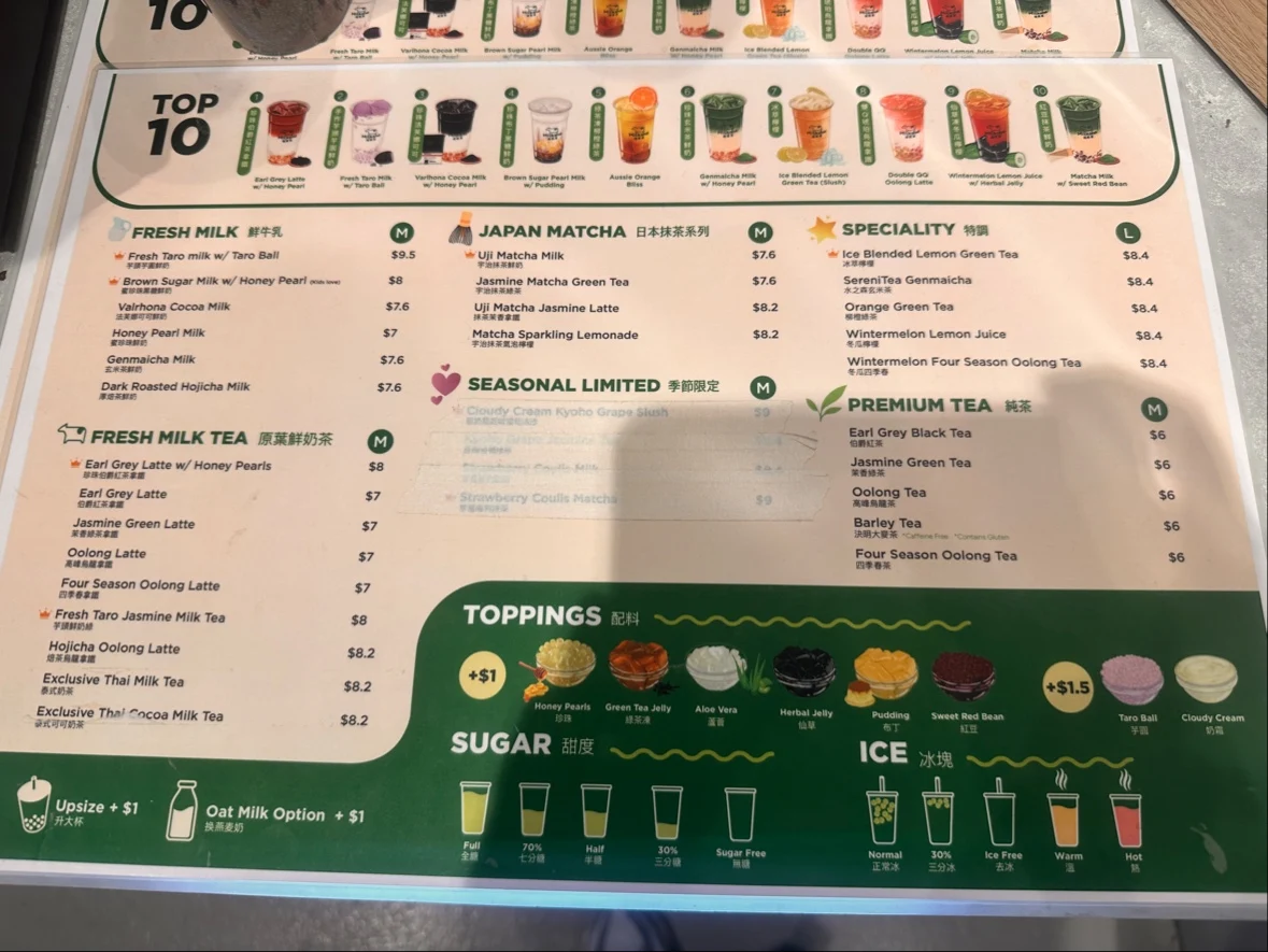 Menu, Milksha Queensland Albert St