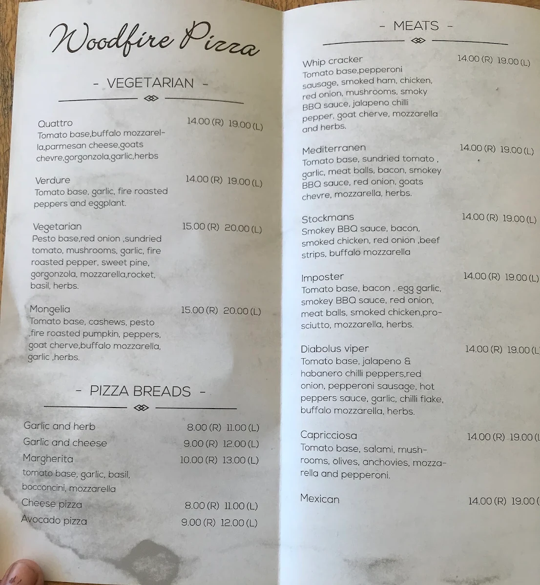 Menu, Da Marino Italian restaurant