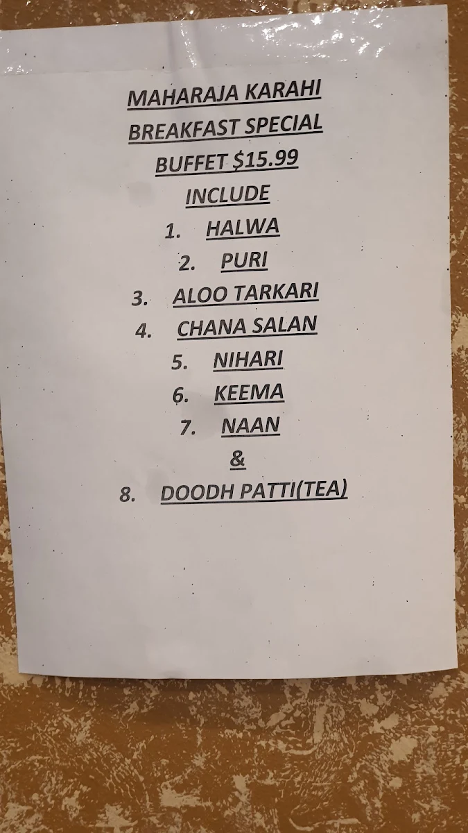 Menu, Maharaja Karahi