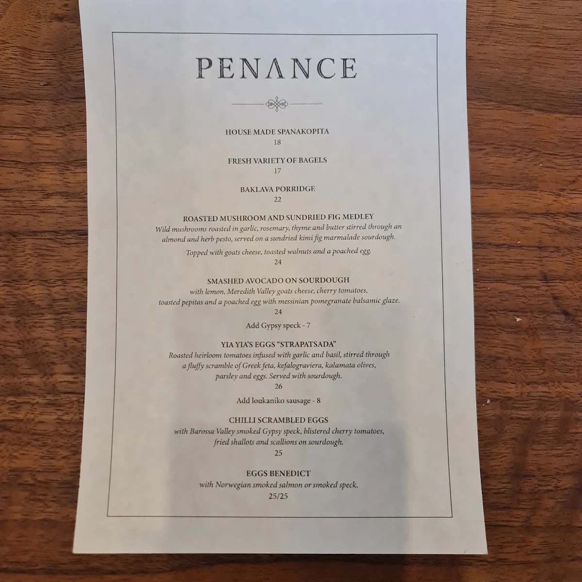 Menu, Penance Prahran