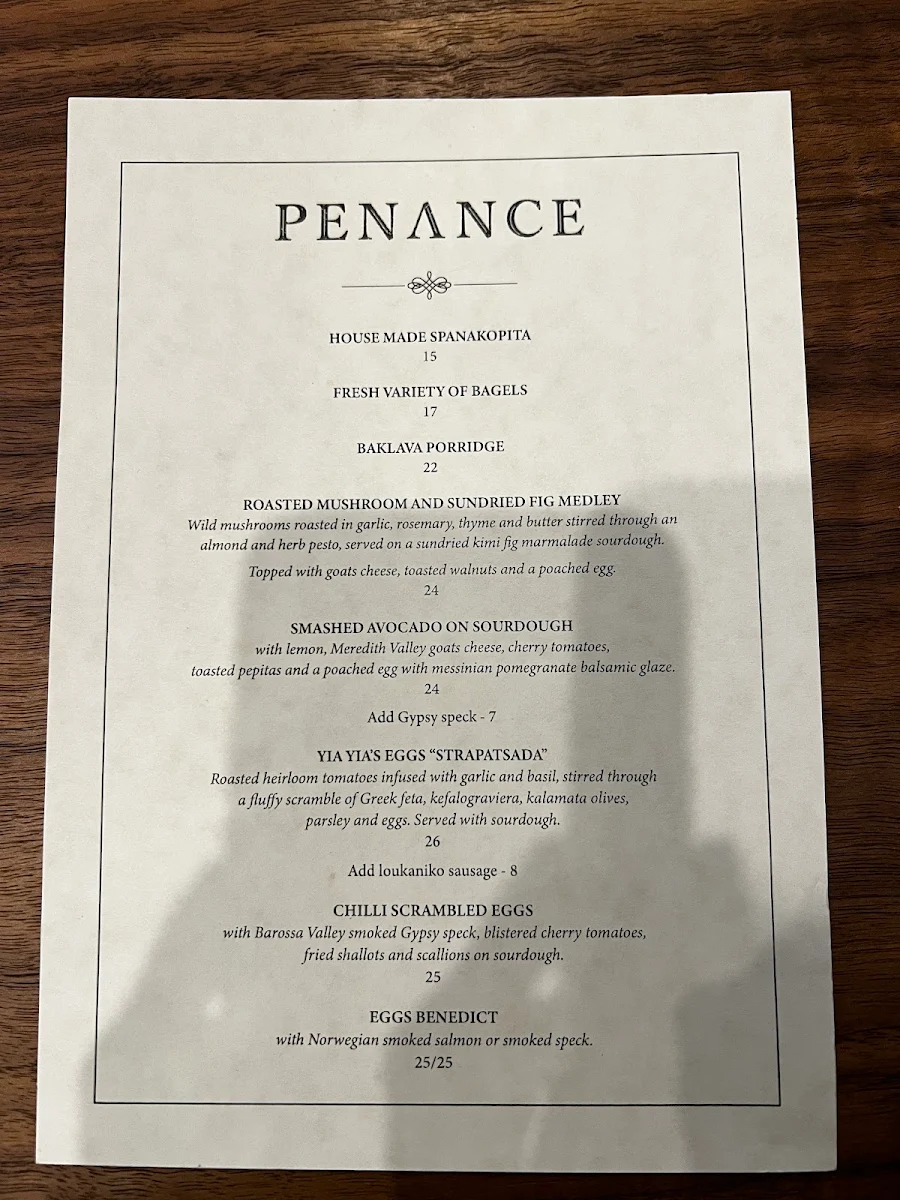 Menu, Penance Prahran