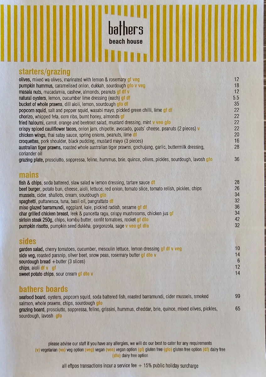 Menu, Bathers Beach House