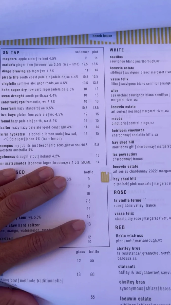 Menu, Bathers Beach House