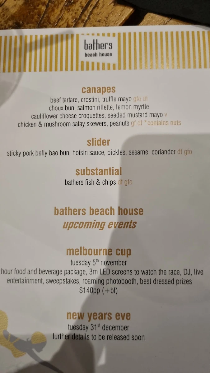Menu, Bathers Beach House