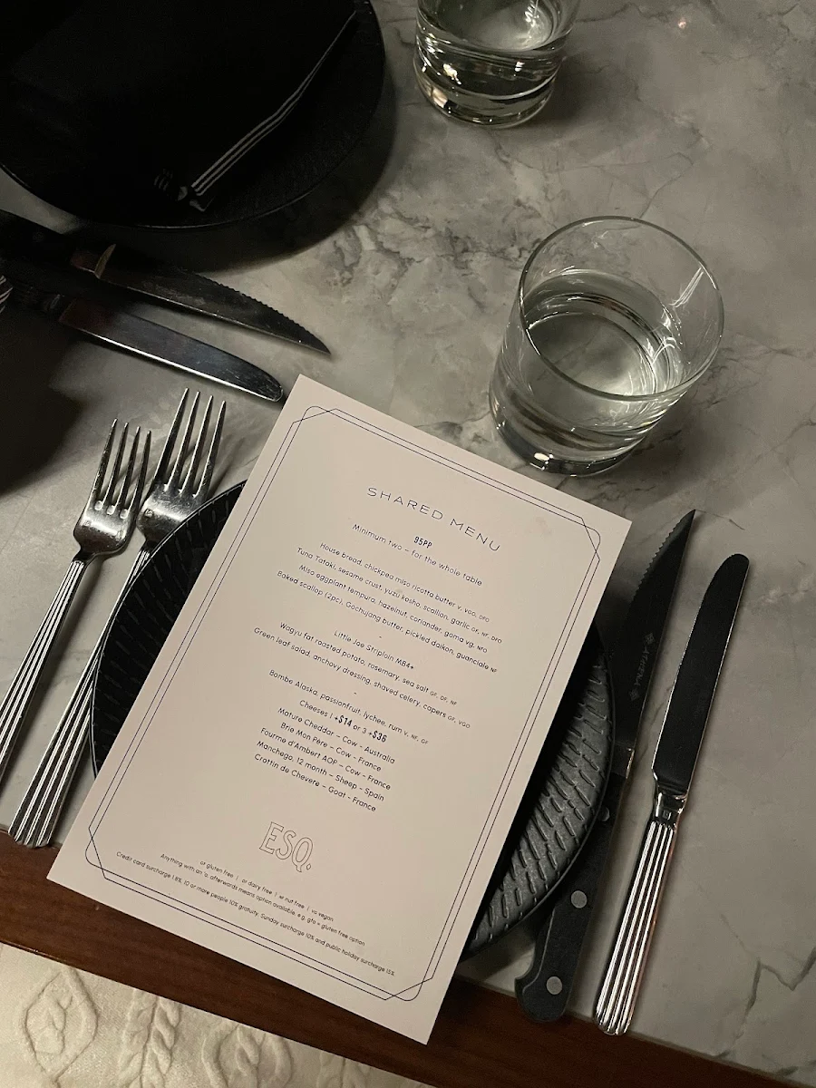 Menu, ESQ Bar + Dining