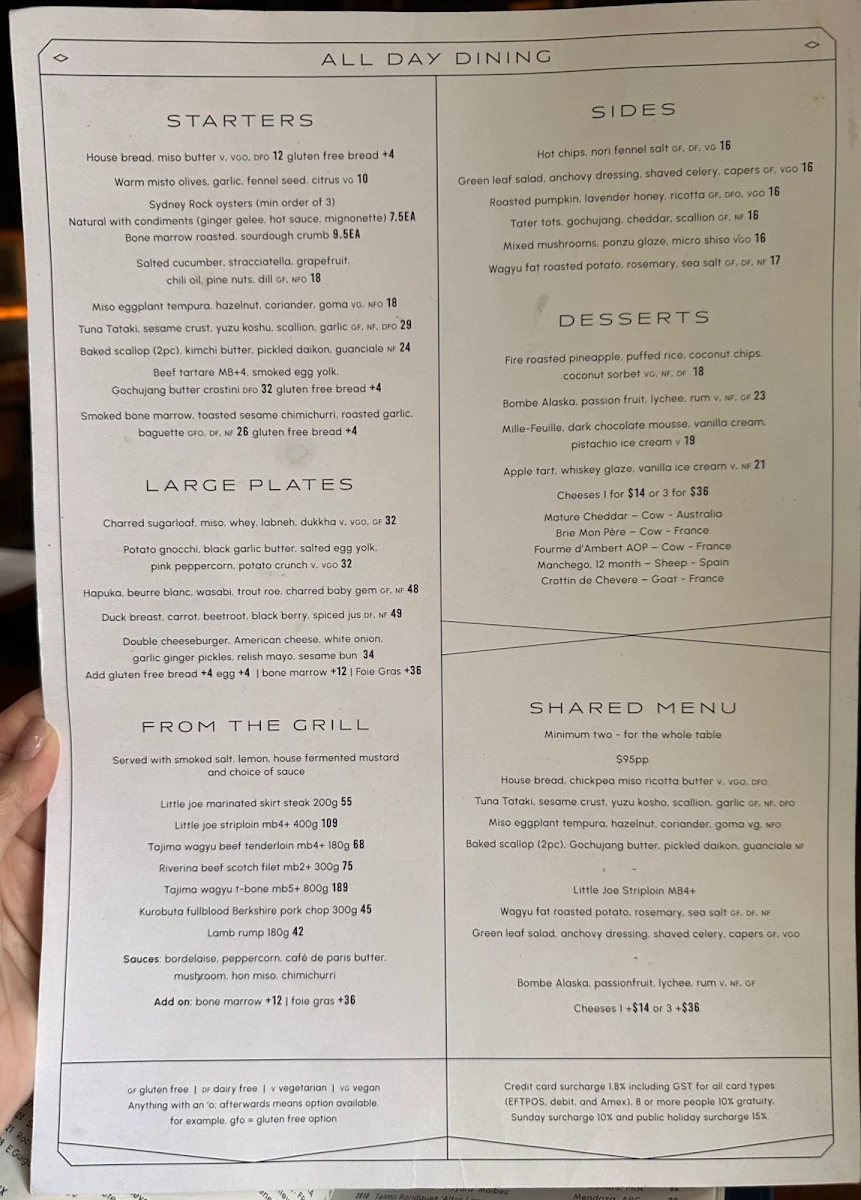 Menu, ESQ Bar + Dining