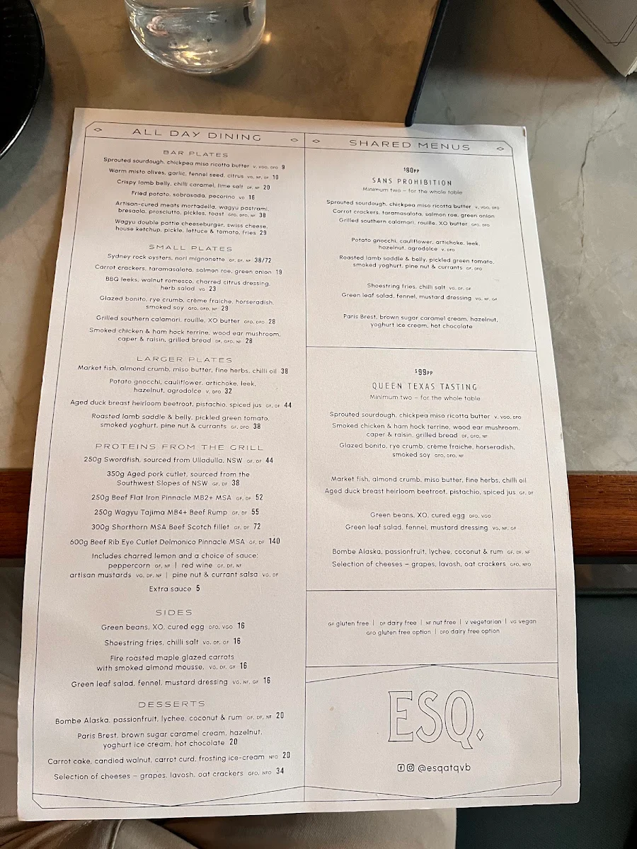 Menu, ESQ Bar + Dining