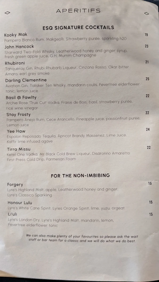 Menu, ESQ Bar + Dining