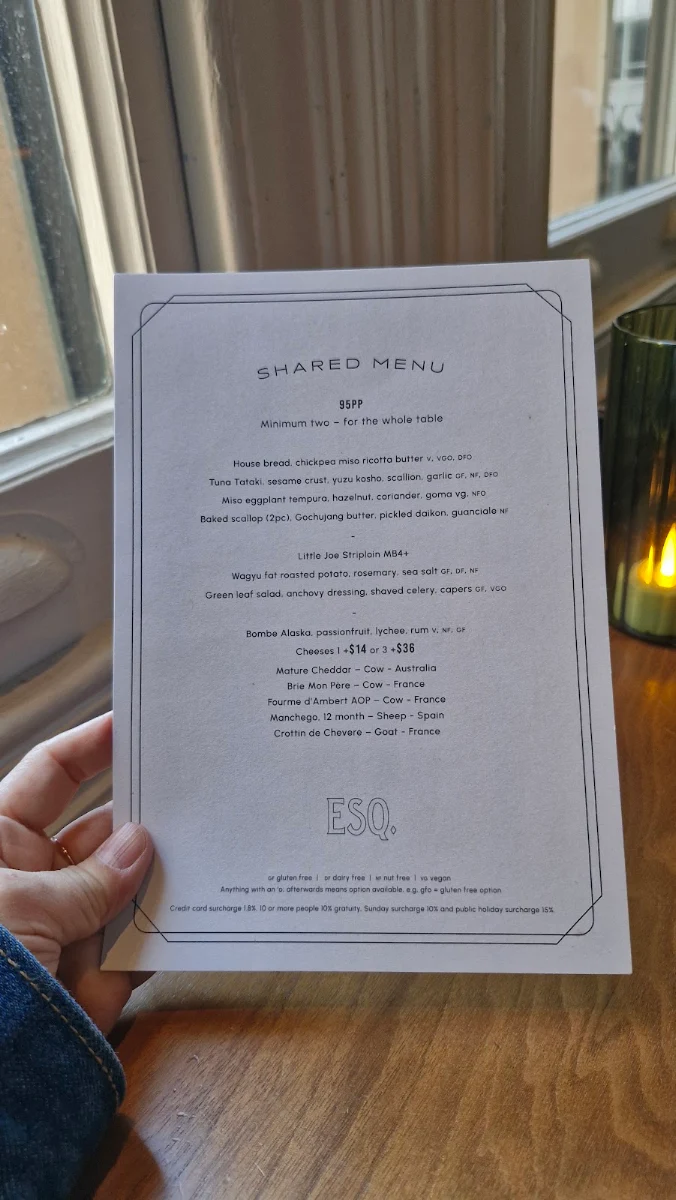 Menu, ESQ Bar + Dining