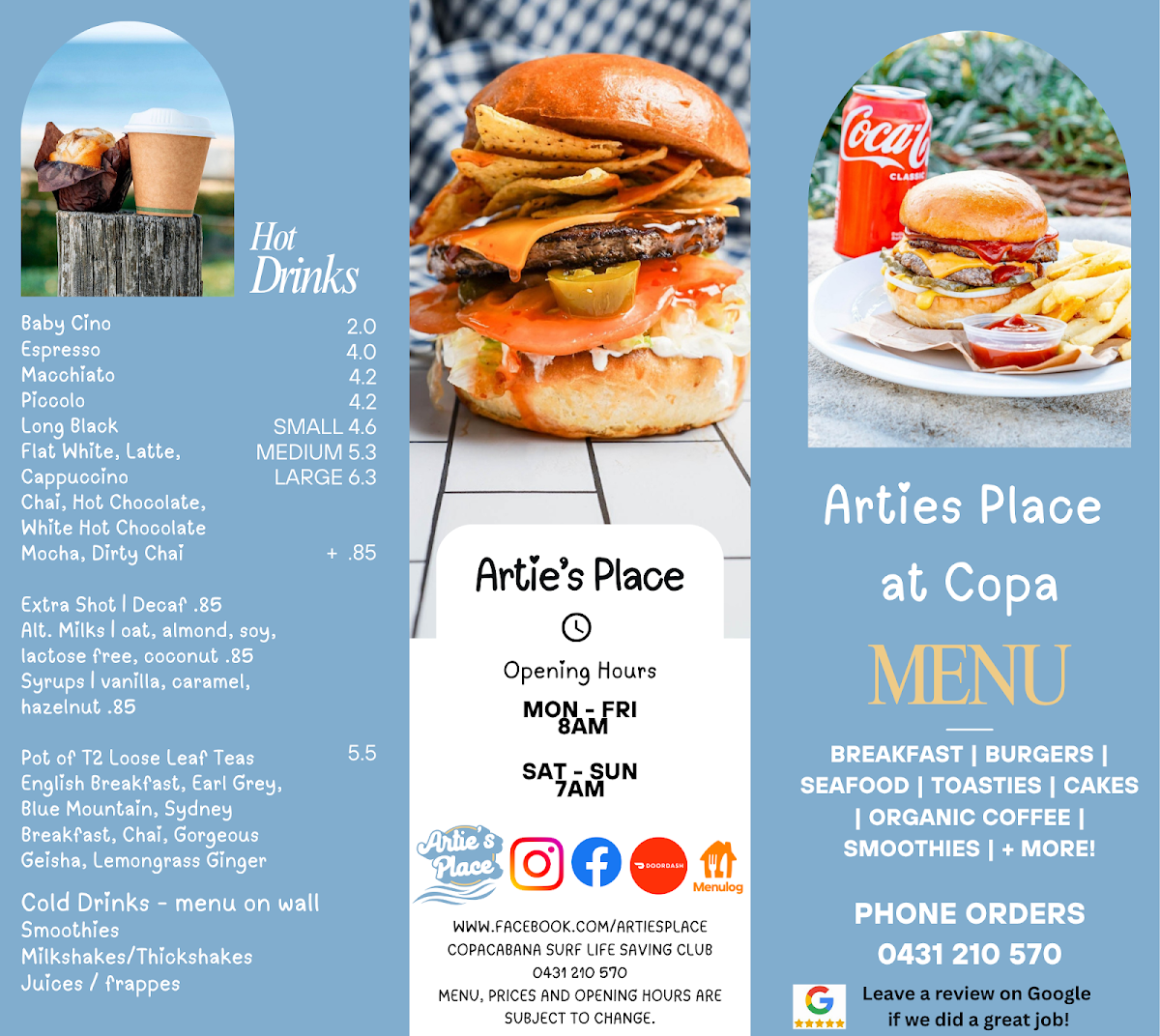 Menu, Artie's Place at Copa Surfclub