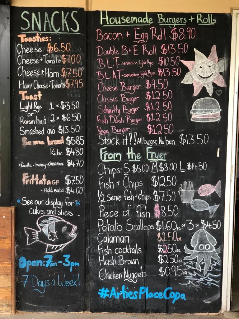 Menu, Artie's Place at Copa Surfclub