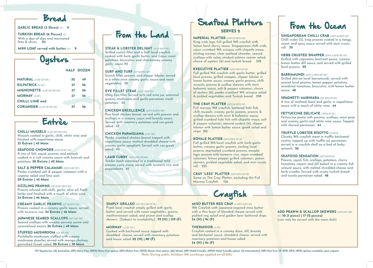 Menu, The Cray Seafood & Grill Restaurant Currambine