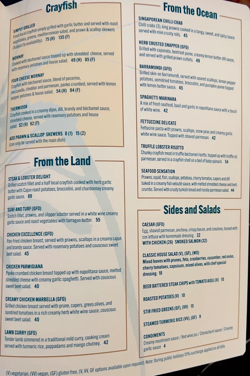 Menu, The Cray Seafood & Grill Restaurant Currambine