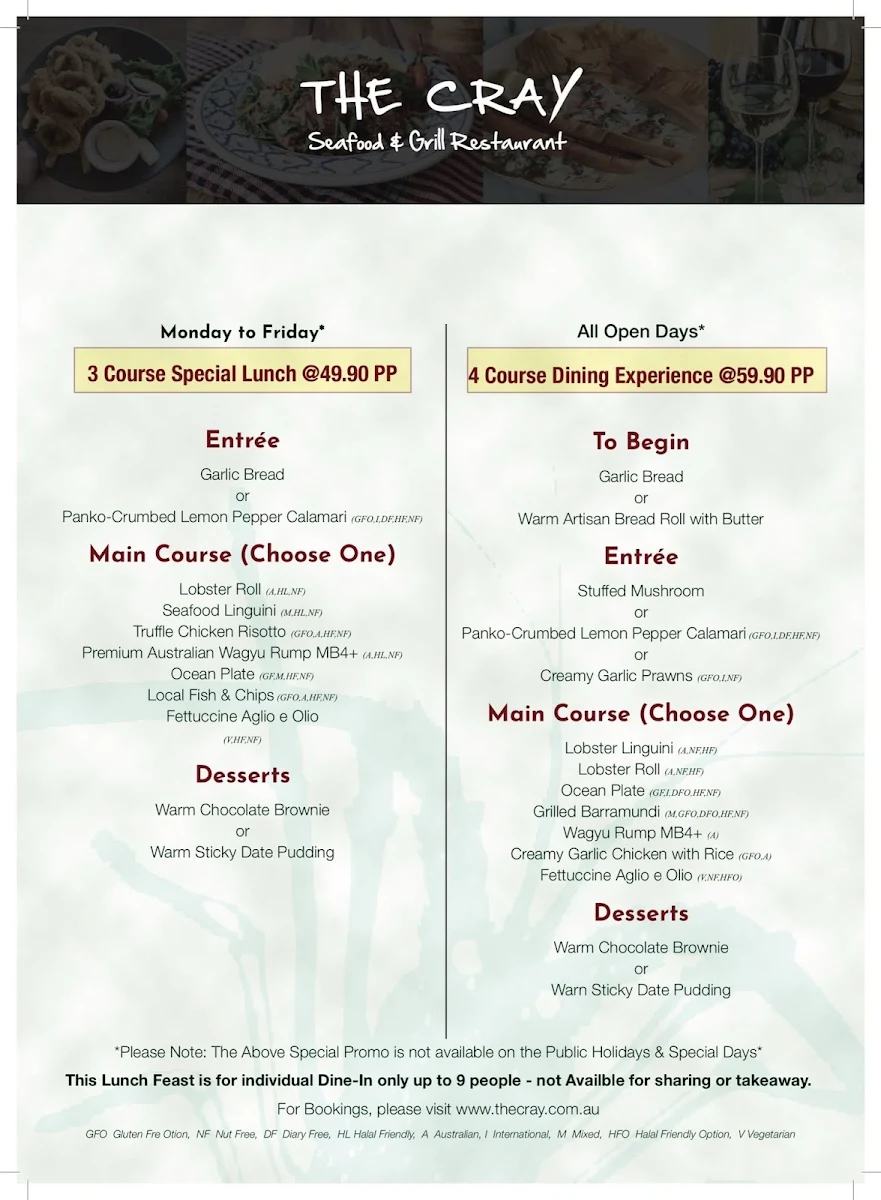 Menu, The Cray Seafood & Grill Restaurant Currambine