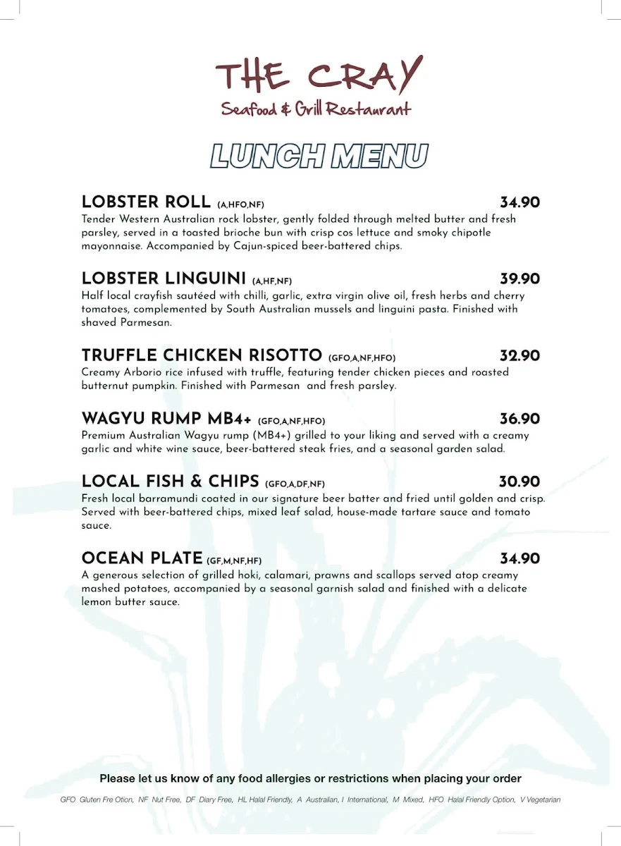 Menu, The Cray Seafood & Grill Restaurant Currambine