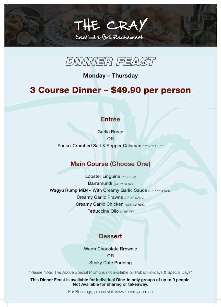 Menu, The Cray Seafood & Grill Restaurant Currambine