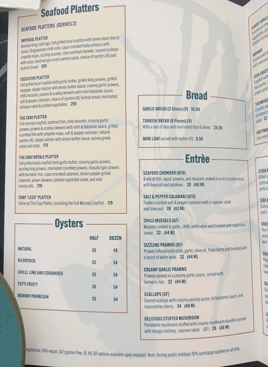 Menu, The Cray Seafood & Grill Restaurant Currambine