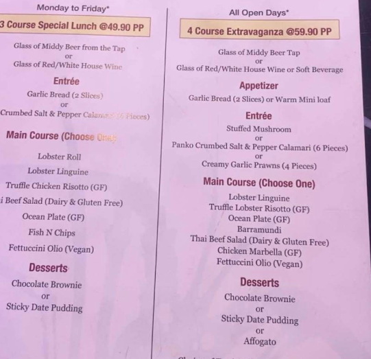 Menu, The Cray Seafood & Grill Restaurant Currambine