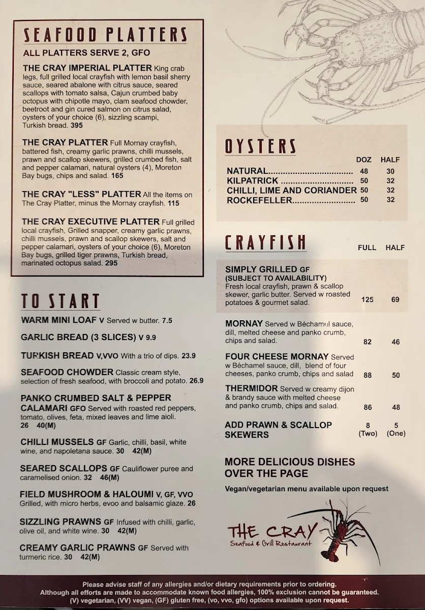 Menu, The Cray Seafood & Grill Restaurant Currambine
