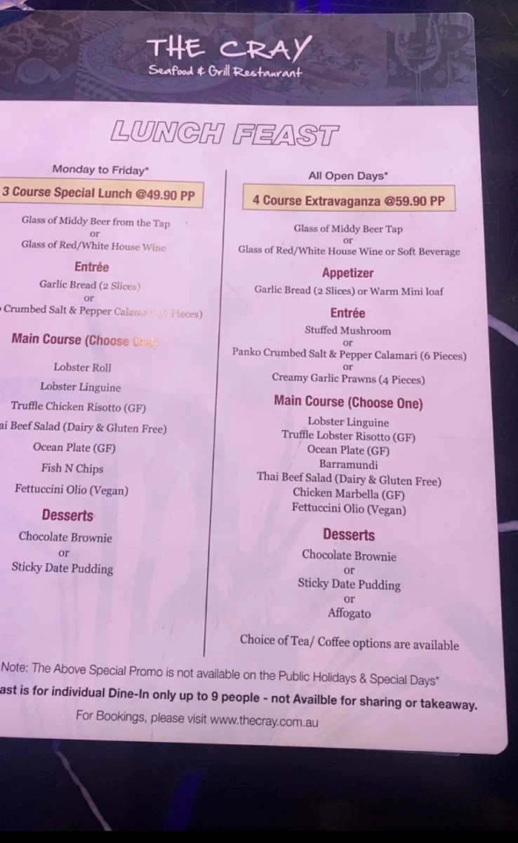 Menu, The Cray Seafood & Grill Restaurant Currambine
