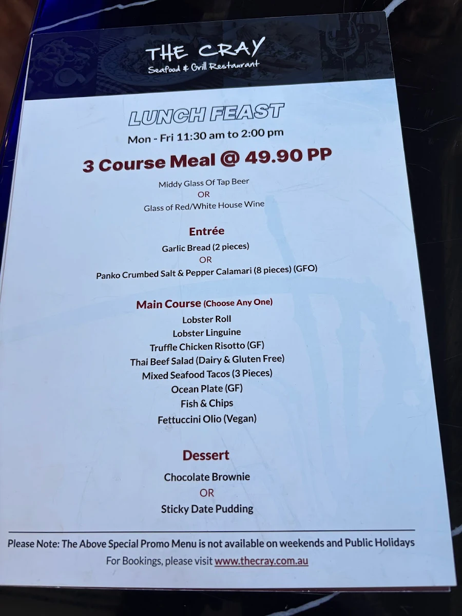Menu, The Cray Seafood & Grill Restaurant Currambine