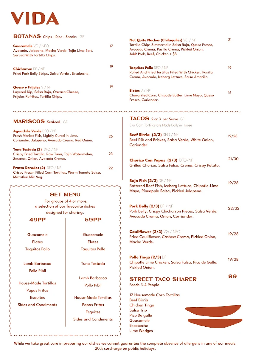 Menu, VIDA Mexican Kitchen & Bar