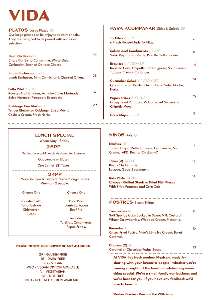 Menu, VIDA Mexican Kitchen & Bar