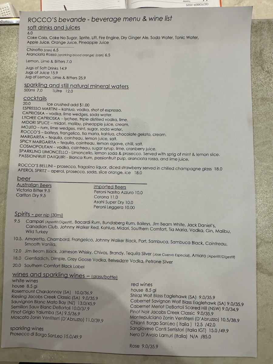 Menu, Rocco's Ristorante