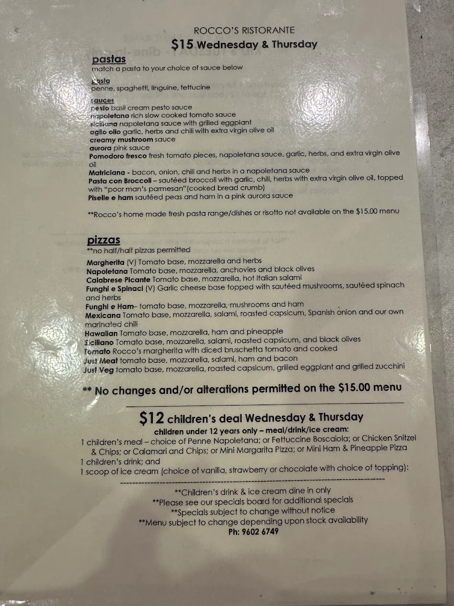 Menu, Rocco's Ristorante