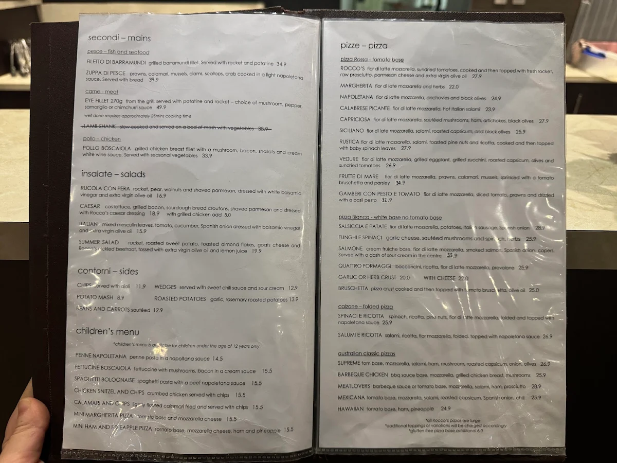 Menu, Rocco's Ristorante