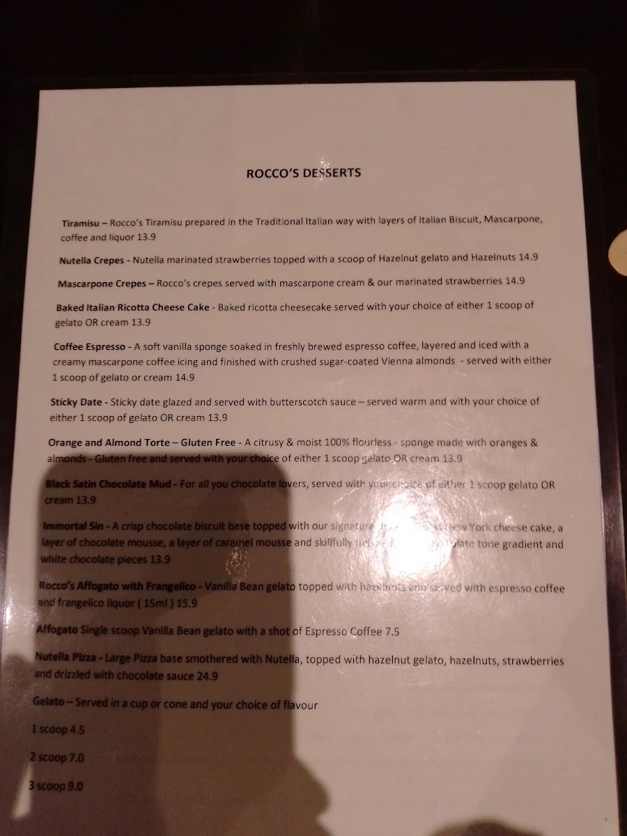 Menu, Rocco's Ristorante