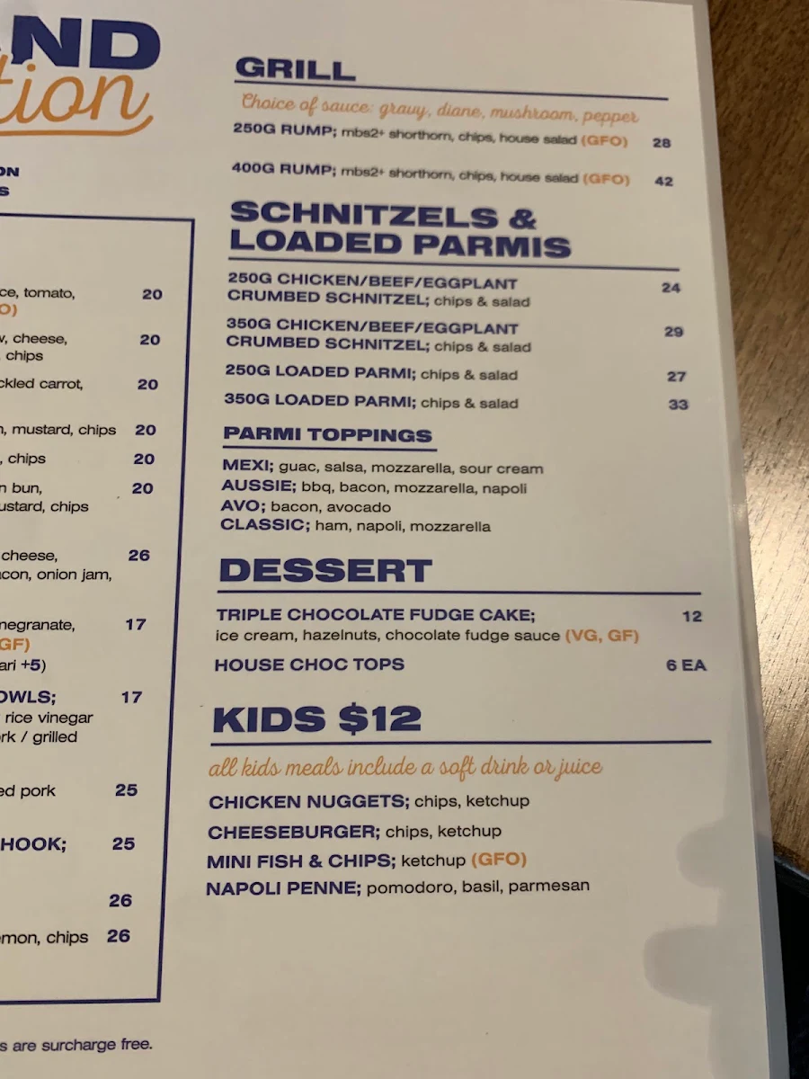 Menu, Grand Junction Tavern