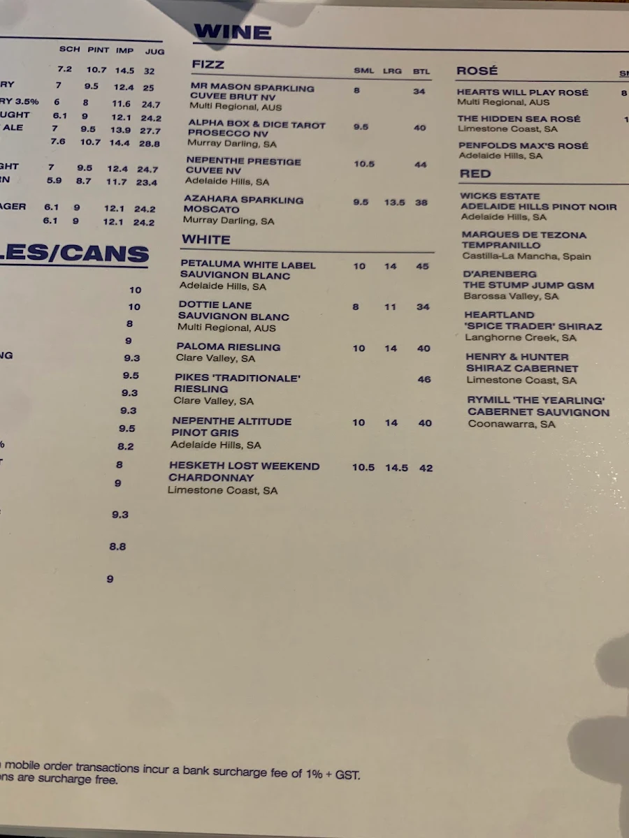 Menu, Grand Junction Tavern