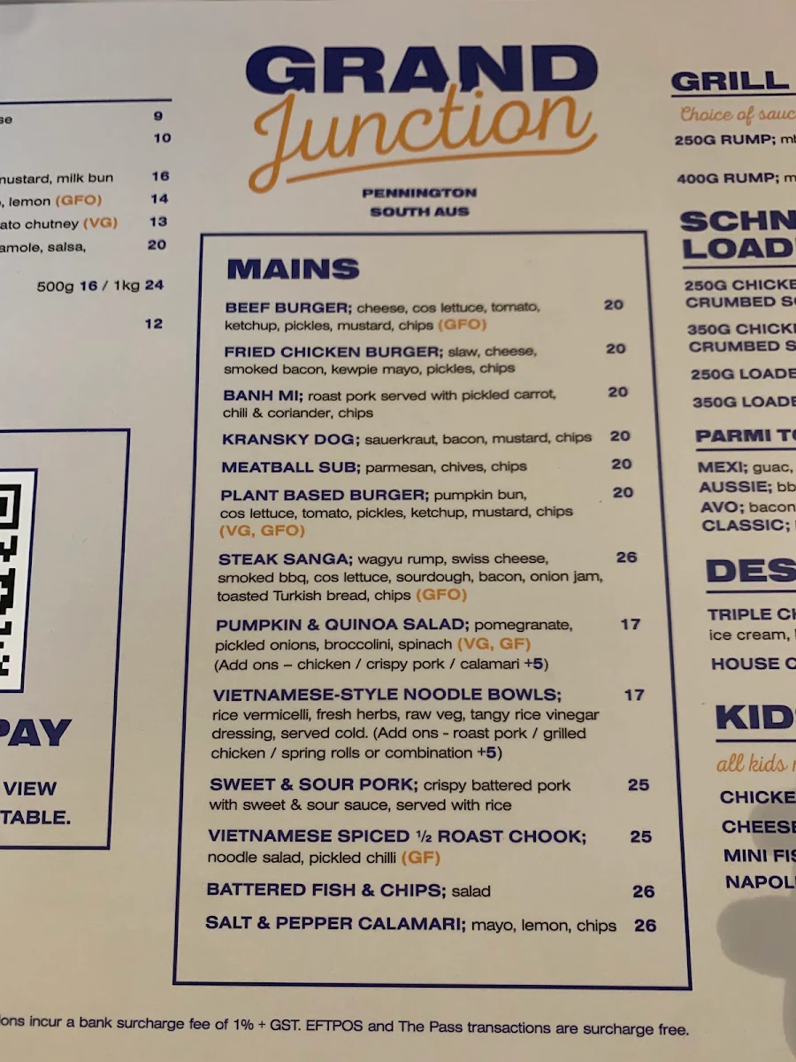 Menu, Grand Junction Tavern