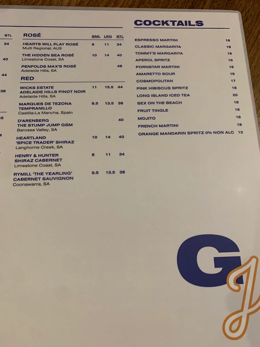 Menu, Grand Junction Tavern