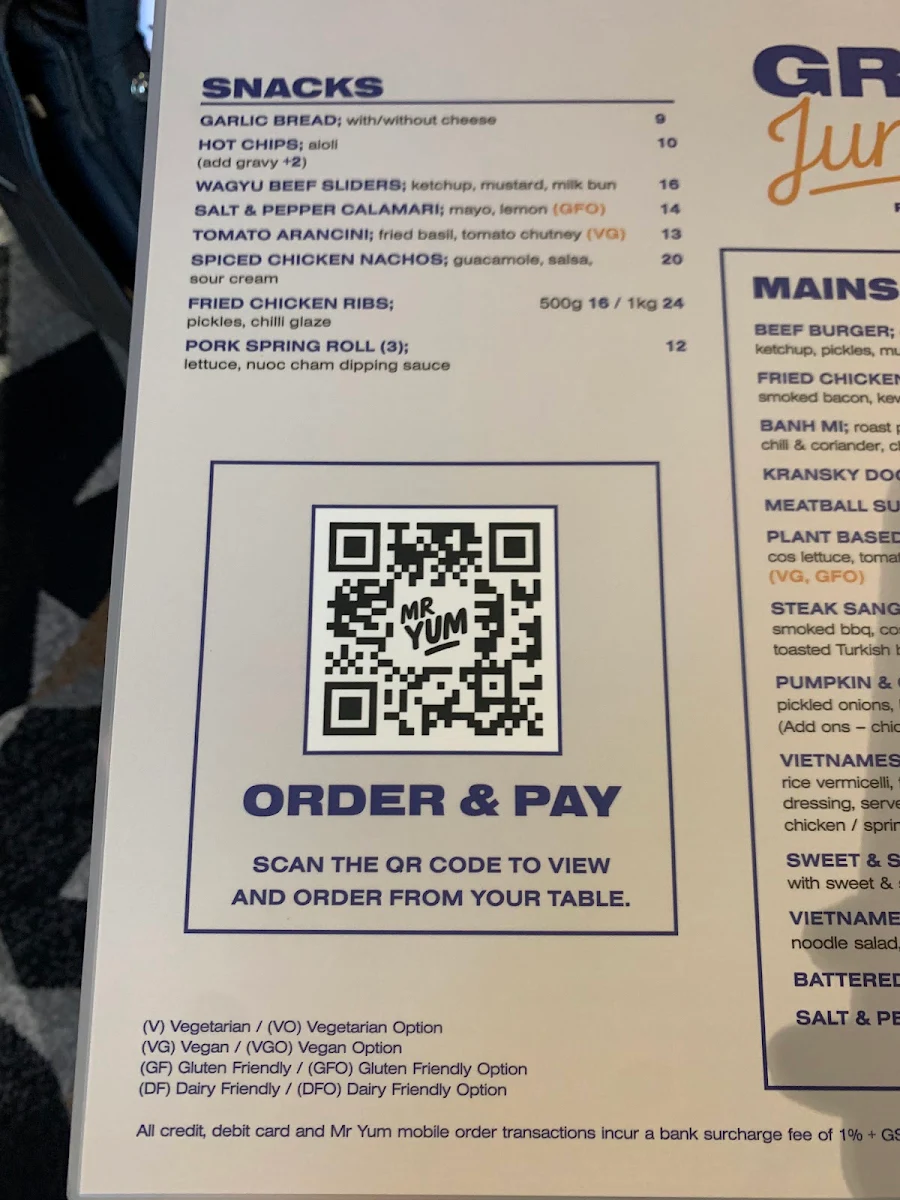 Menu, Grand Junction Tavern